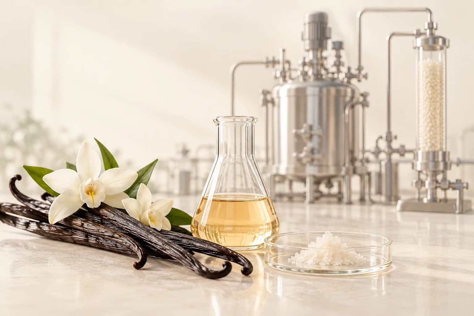 Vanilla pods and flowers, a flask of vanillin solution and crystals, with a bioreactor and a purification column behind